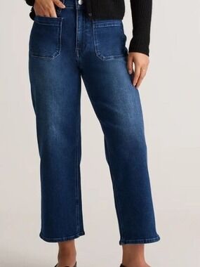 Quince Jeans Denim Stretch Wide-Leg High-Rise Patch-Pocket Crop Dark-Wash 29